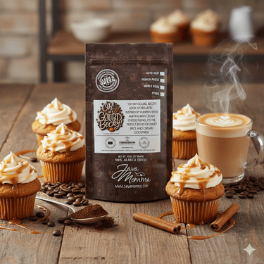 Java Momma Oh My Gourd Becky flavored coffee bag with pumpkin spice muffins topped with cream cheese frosting, caramel drizzle, steaming latte, cinnamon sticks, and coffee beans – pumpkin muffin latte flavor